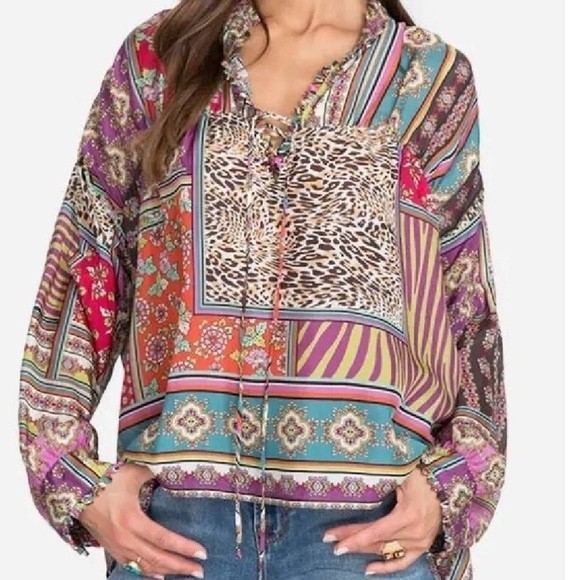 NWT Johnny Was Patch Finn Multicolor V Neck Long Sleeve Silk Blouse Small - Picture 13 of 13